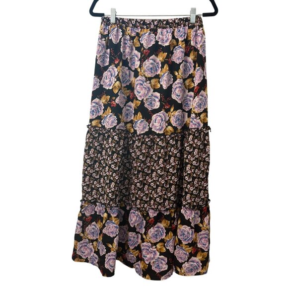 Womens Tiered Bohemian Maxi Skirt With Floral Print Elastic Waist Size L - Picture 1 of 8